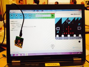 BBC microbit shown with code