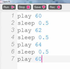 Sonic Pi code examples. Play 60 sleep 0.5 play 62 sleep 0.5 play 64